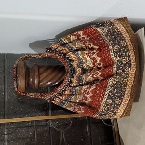 FREE SPIRIT BOHO FABRIC HOBO SACK HANDBAG MAROON BLACK CREAM GOLD SHIMMER